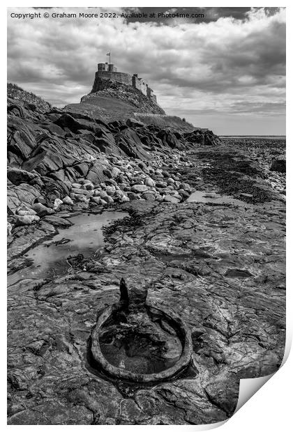 mooring ring at lindisfarne castle monochrome Print by Graham Moore