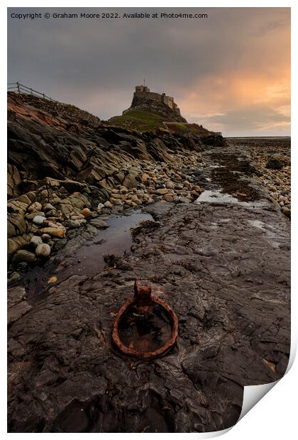 simulated sunrise at lindisfarne castle Print by Graham Moore