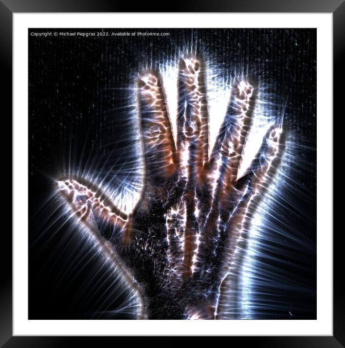 3D-Illustration of a glowing human female hand with a kirlian au Framed Mounted Print by Michael Piepgras