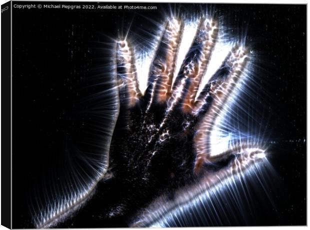 3D-Illustration of a glowing human female hand with a kirlian au Canvas Print by Michael Piepgras