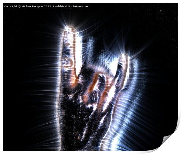 3D-Illustration of a glowing human female hand with a kirlian au Print by Michael Piepgras