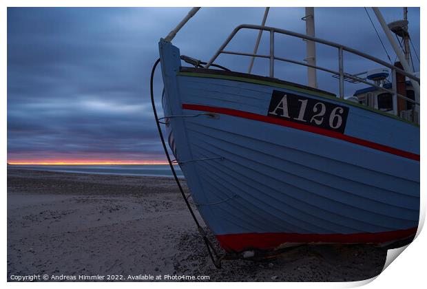 Fishing boat and the last light of the day Print by Andreas Himmler