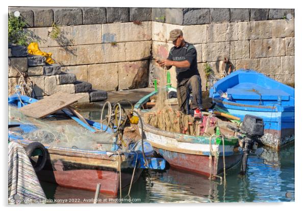 Fisherman in the dock - Siracusa Acrylic by Laszlo Konya