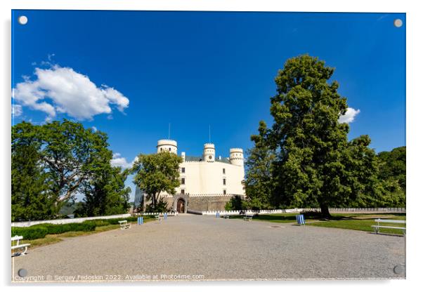 Orlik castle with blue sky and trees. Orlik nad Vltavou, Czechia Acrylic by Sergey Fedoskin