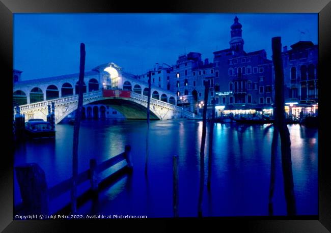 Rialto Bridge under the moon light, Venice, Italy. Framed Print by Luigi Petro