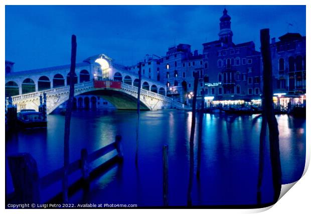 Rialto Bridge under the moon light, Venice, Italy. Print by Luigi Petro