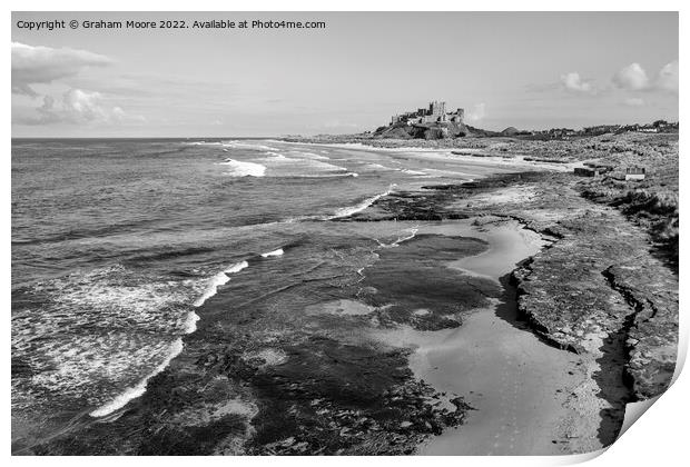 Bamburgh Castle from Harkness Rocks elevated monochrome Print by Graham Moore