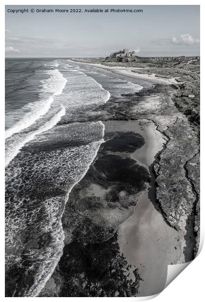 Bamburgh Castle from the north elevated monochrome Print by Graham Moore