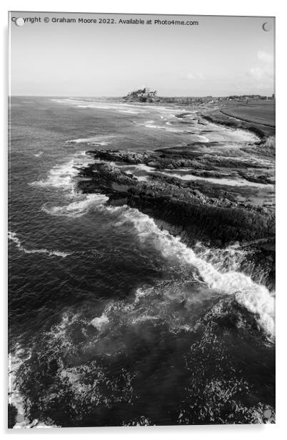 Bamburgh Castle from Harkness Rocks elevated monochrome Acrylic by Graham Moore