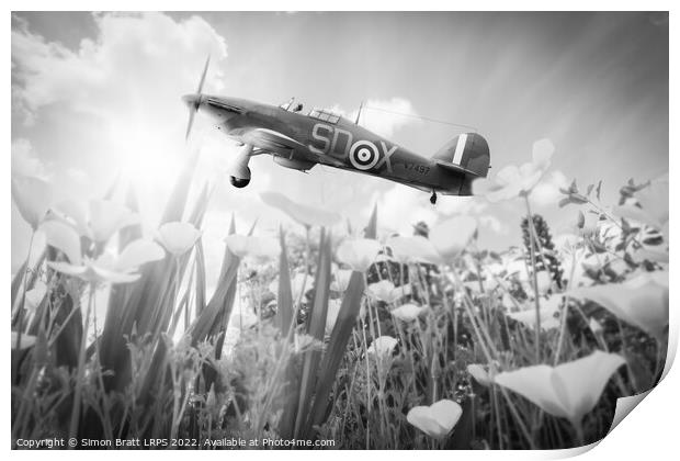 Hawker Hurricane flying over poppies in spring Print by Simon Bratt LRPS