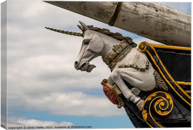 Close up of the figurehead of the HMS Unicorn, an old war ship now restored and converted to a museum, located in Dundee docks Canvas Print by Chris Yaxley