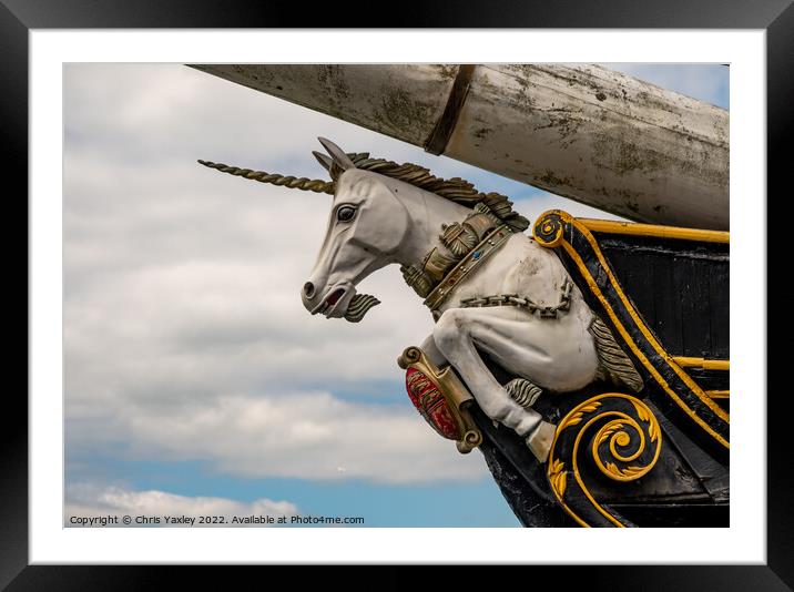 Close up of the figurehead of the HMS Unicorn, an old war ship now restored and converted to a museum, located in Dundee docks Framed Mounted Print by Chris Yaxley