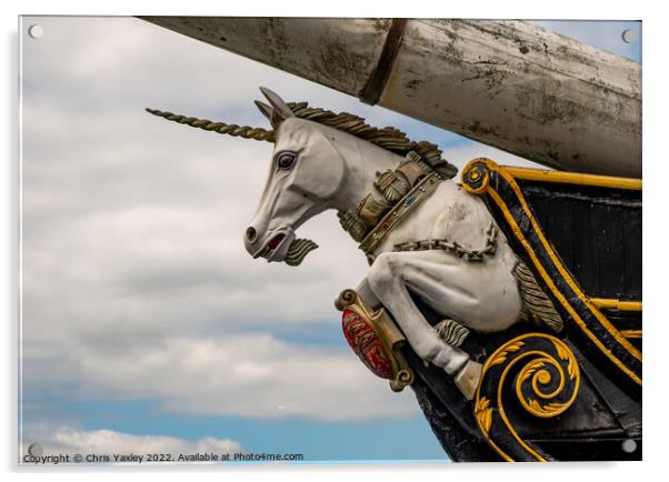 Close up of the figurehead of the HMS Unicorn, an old war ship now restored and converted to a museum, located in Dundee docks Acrylic by Chris Yaxley