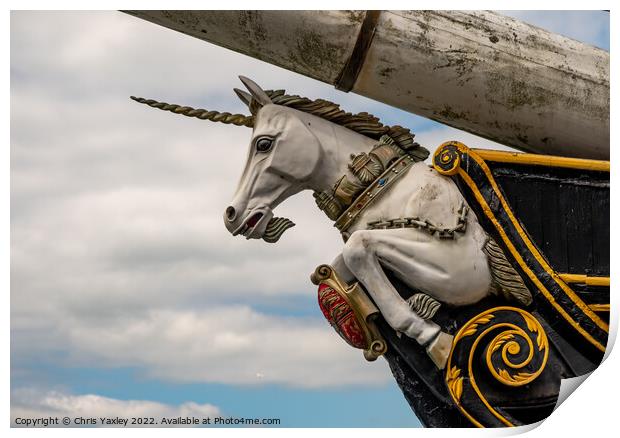 Close up of the figurehead of the HMS Unicorn, an old war ship now restored and converted to a museum, located in Dundee docks Print by Chris Yaxley