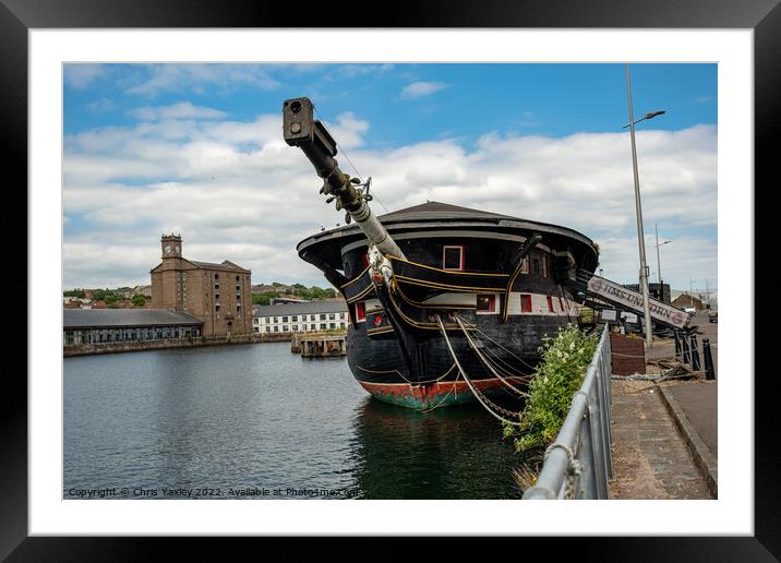 The front end of HMS Unicorn, an old war ship now restored and converted to a museum, located in Dundee docks Framed Mounted Print by Chris Yaxley