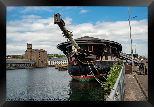 The front end of HMS Unicorn, an old war ship now restored and converted to a museum, located in Dundee docks Framed Print by Chris Yaxley