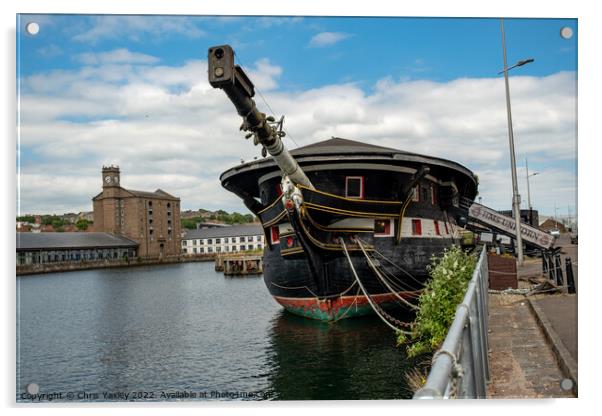 The front end of HMS Unicorn, an old war ship now restored and converted to a museum, located in Dundee docks Acrylic by Chris Yaxley