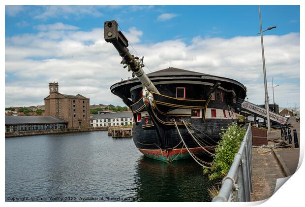 The front end of HMS Unicorn, an old war ship now restored and converted to a museum, located in Dundee docks Print by Chris Yaxley