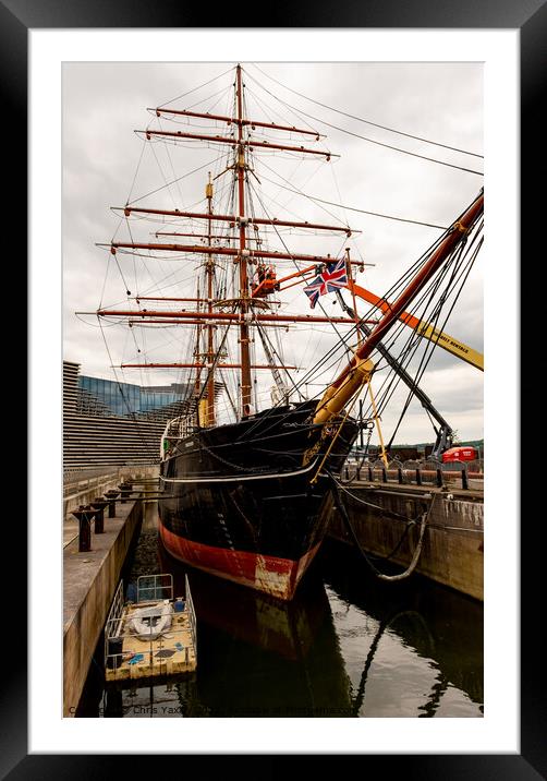 Front on view of HMS Discovery war ship moored up beside the VA centre in Dundee’s waterfront Framed Mounted Print by Chris Yaxley
