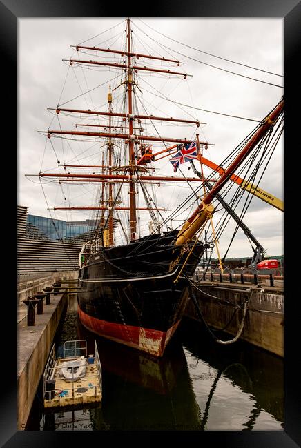 Front on view of HMS Discovery war ship moored up beside the VA centre in Dundee’s waterfront Framed Print by Chris Yaxley