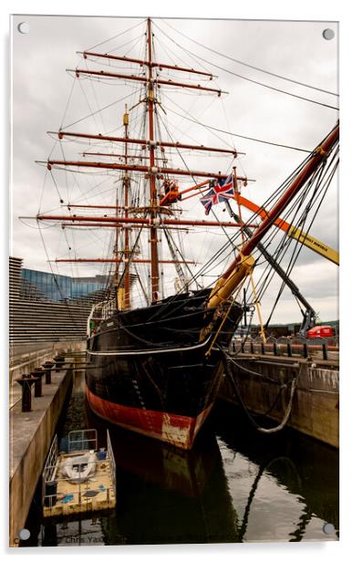 Front on view of HMS Discovery war ship moored up beside the VA centre in Dundee’s waterfront Acrylic by Chris Yaxley