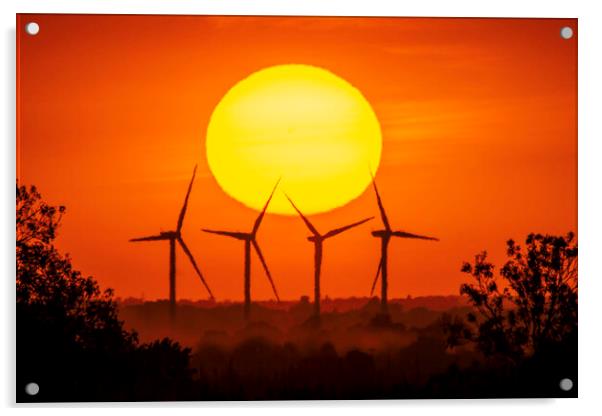 Sunset behind Tick Fen windfarm, Cambridgeshire, 12th August 202 Acrylic by Andrew Sharpe