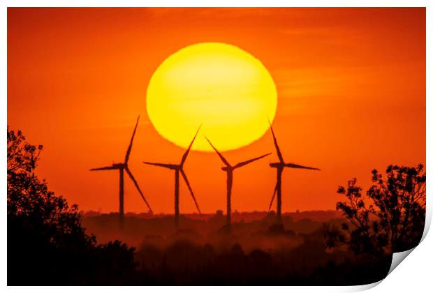 Sunset behind Tick Fen windfarm, Cambridgeshire, 12th August 202 Print by Andrew Sharpe