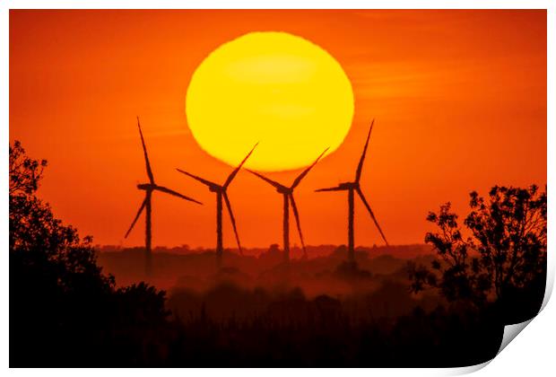 Sunset behind Tick Fen windfarm, Cambridgeshire, 12th August 202 Print by Andrew Sharpe