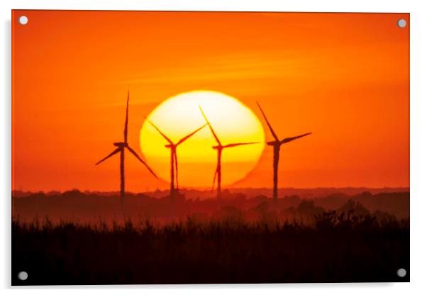 Sunset behind Tick Fen windfarm, Cambridgeshire, 12th August 202 Acrylic by Andrew Sharpe