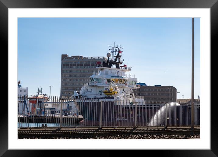 Large industrial boat in Aberdeen dockland area Framed Mounted Print by Chris Yaxley