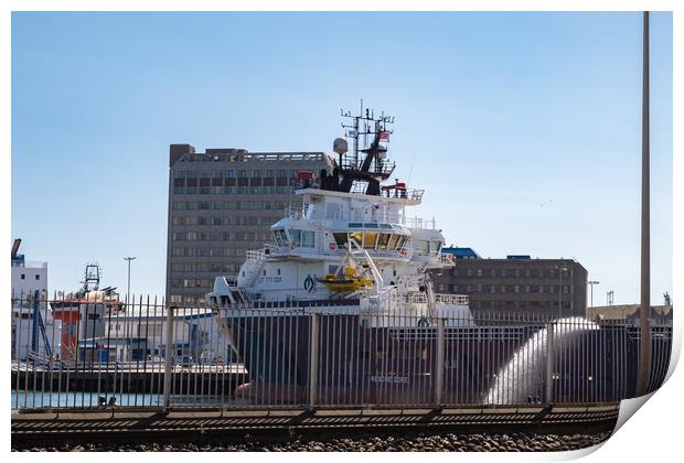 Large industrial boat in Aberdeen dockland area Print by Chris Yaxley