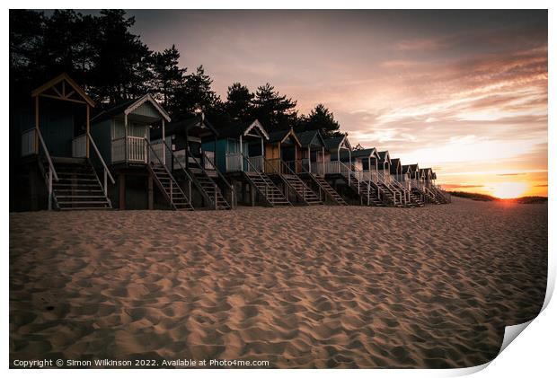 Beach Huts at sunset Print by Simon Wilkinson