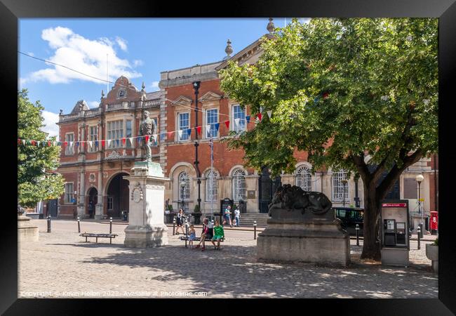 Statue of Charles Crompton with the old County Hall in the backg Framed Print by Kevin Hellon