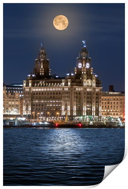 Supermoon over Liverpool Waterfront Print by Dave Wood