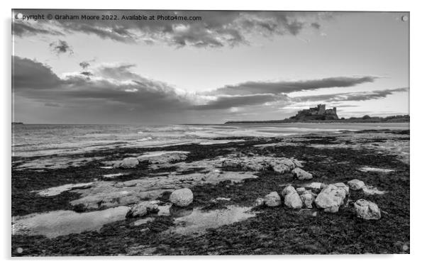 Bamburgh Castle from Harkness Rocks dusk monochrome Acrylic by Graham Moore