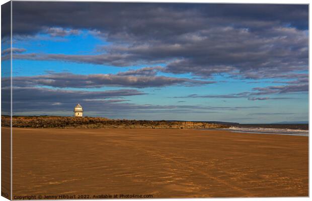 Newton beach looking back at small lighthouse Canvas Print by Jenny Hibbert