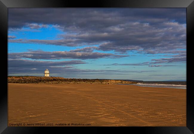 Newton beach looking back at small lighthouse Framed Print by Jenny Hibbert
