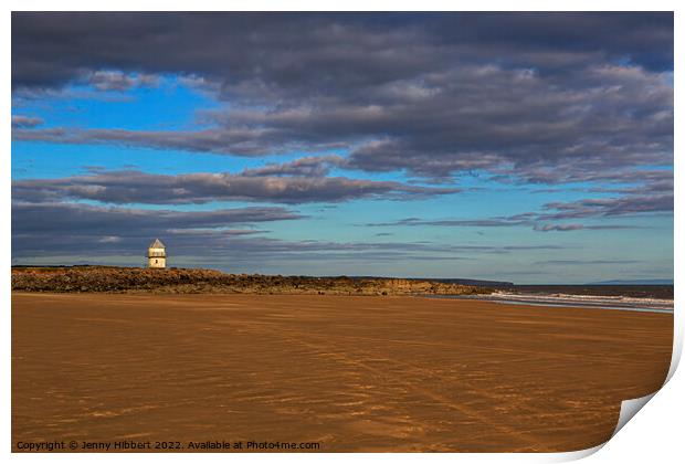 Newton beach looking back at small lighthouse Print by Jenny Hibbert