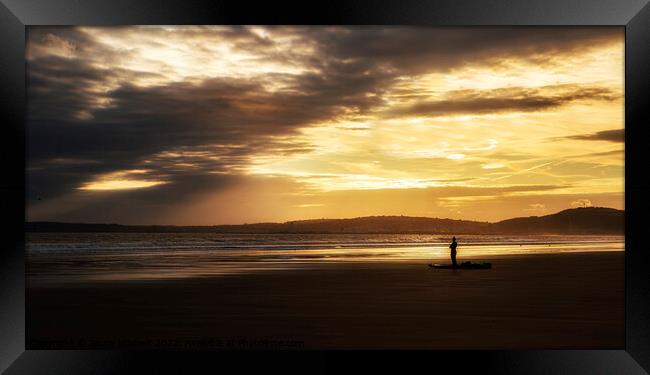 Surfer looking out to sea at Aberavon beach Port Talbot Framed Print by Jenny Hibbert