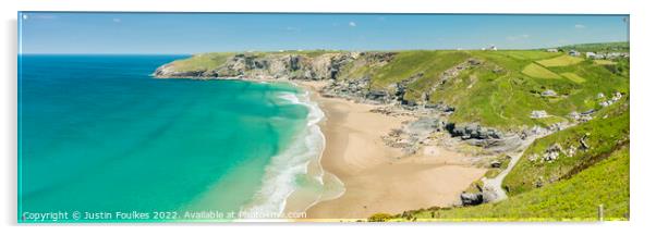 Trebarwith Strand panorama Acrylic by Justin Foulkes