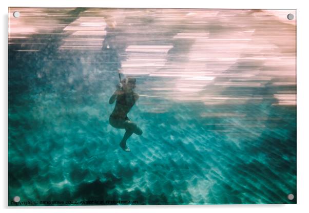 Woman diving underwater for snorkeling Acrylic by Simo Wave