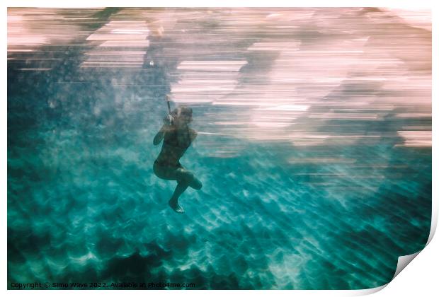 Woman diving underwater for snorkeling Print by Simo Wave