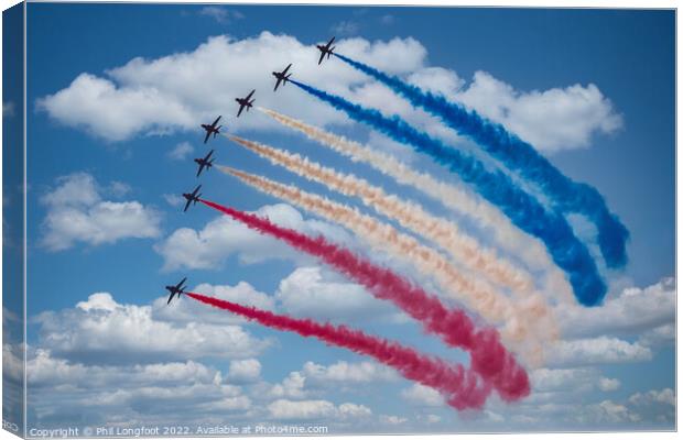 Multicoloured trails by the Red Arrows Canvas Print by Phil Longfoot