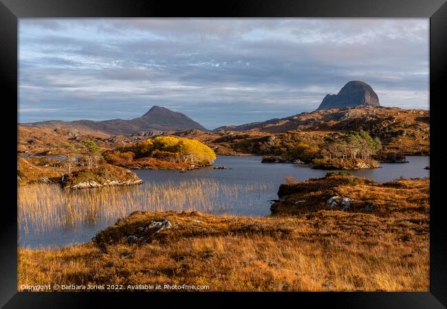 Suilven and Canisp, Autumn Colours Scotland. Framed Print by Barbara Jones