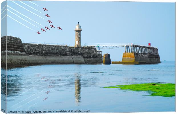 Whitby Pier Red Arrows  Canvas Print by Alison Chambers