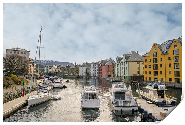 Alesund Norway with sailing boats Print by kathy white