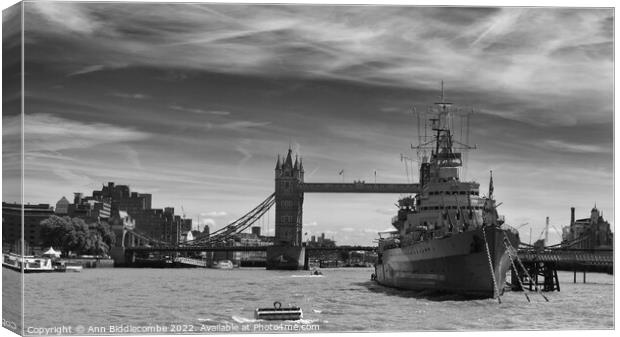 HMS Belfast and Tower bridge Canvas Print by Ann Biddlecombe
