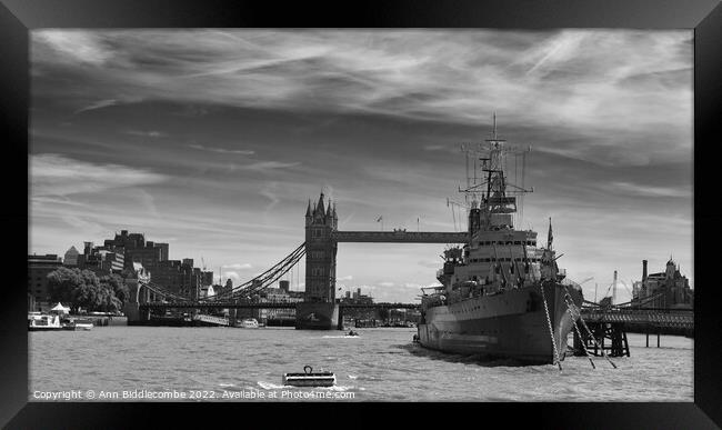 HMS Belfast and Tower bridge Framed Print by Ann Biddlecombe