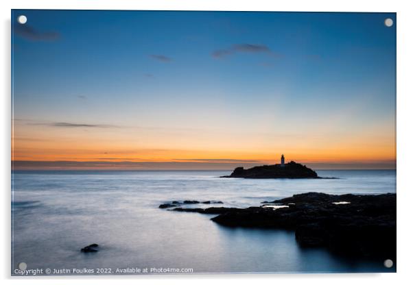 Godrevy Lighthouse at dusk Acrylic by Justin Foulkes