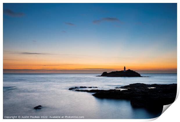 Godrevy Lighthouse at dusk Print by Justin Foulkes